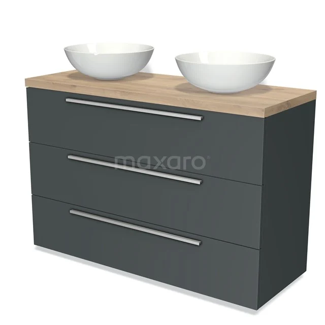 Grauer Badschrank mit einer Holzplatte, doppelten weißen Aufsatzwaschbecken und drei Schubladen, ideal für moderne Badezimmerlagerung.