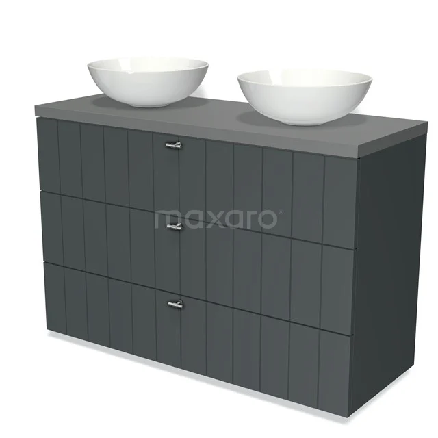 Badmöbel für Waschtischunterschrank mit Konsole 120cm Modulo Plato Dunkelgrau 3 Schubladen Latte Mittelgrau Platte BMK19-01080 Grau doppelte Waschtisch mit weißen Schalen, modernen Paneelen und geräumigen Schubladen, perfekt für stilvolle Badezimmergestaltung.