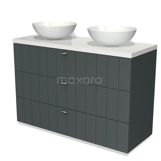Badmöbel für Waschtischunterschrank mit Konsole 120cm Modulo Plato Dunkelgrau 3 Schubladen Lamellen Hochglanz Weiß Platte BMK19-01081 Graue Badmöbelset mit doppeltem weißen Waschbecken, schlankem Design und vertikalen Rillen, perfekt für moderne Bäder.