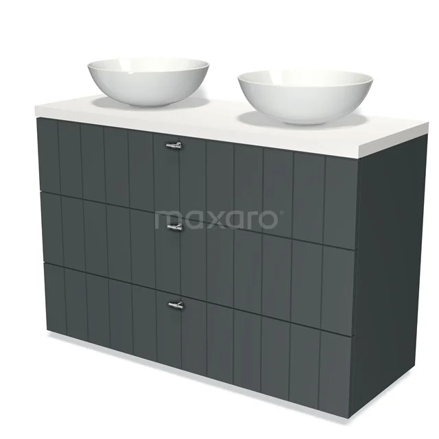 Donkergrijze badmeubelset met dubbele wastafel, drie lades en moderne verticale ribstructuur. Perfect voor een stijlvolle badkamer.