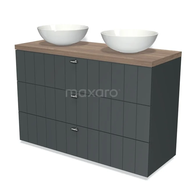 Badmöbel für Waschtischunterschrank mit Konsole 120cm Modulo Plato Dunkelgrau 3 Schubladen Latte Mittelbraune Eiche Platte BMK19-01088 Graue Badmöbel mit Holzplatte, doppelte weiße Aufsatzwaschbecken und drei Schubladen, modernes Design für stilvolle Bäder.