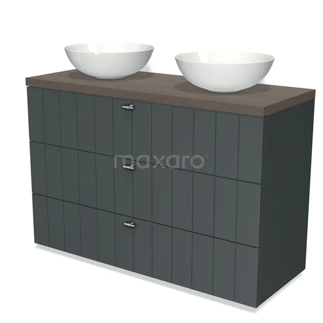 Modulo Plato Vanity units for countertop basin | 120 cm Dark grey Slat front Dark brown oak worktop 3 drawers BMK19-01089