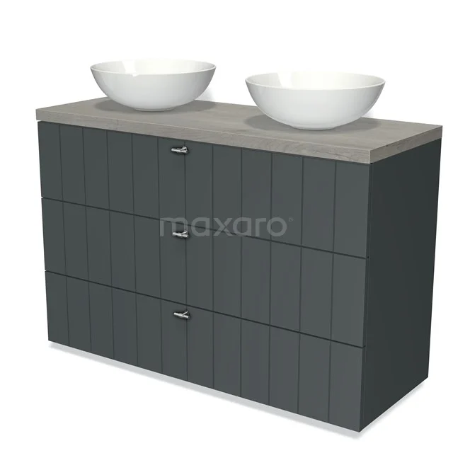 Donkergrijze dubbele wastafelmeubel met verticale groeven, houten blad en ronde witte waskommen, ideaal voor elke moderne badkamer.