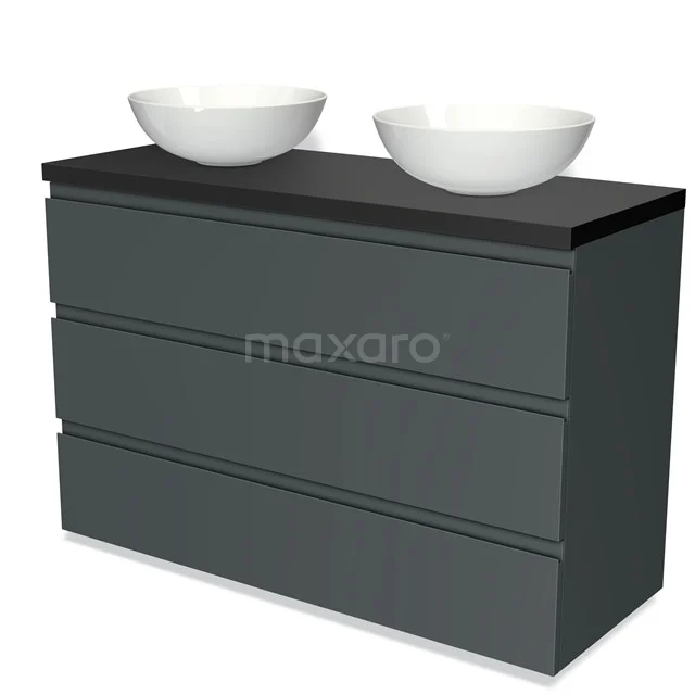 Dark grey bathroom furniture set with black top and two white countertop wash basins, modern design, ideal for double basin.