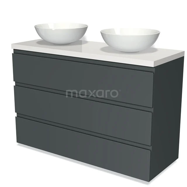 Dunkelgraue Badmöbelset mit doppelten, komförmigen Aufsatzwaschbecken und Hochglanz Weiß Platte, modernes Design.