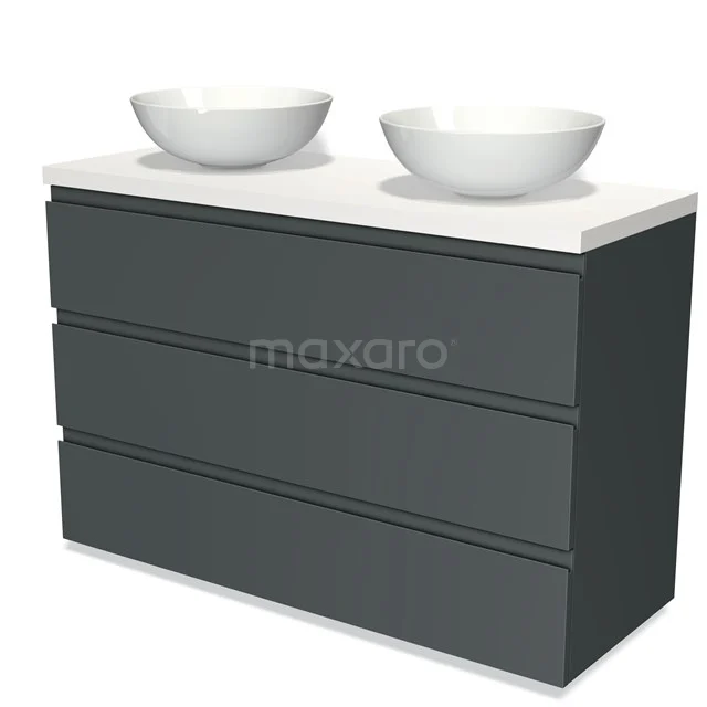 Graues Doppelwaschtischmöbel mit weißen Keramikkommen, modernes Design für stilvolles Badezimmer.