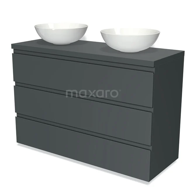 Badmöbel für Aufsatzwaschbecken 120cm Modulo Plato Dunkelgrau 3 Schubladen grifflos BMK19-01097 Antrazitgrau Badmöbel mit doppelten Aufsatzwaschbecken, klaren Linien und modernem Erscheinungsbild, ideal für stilvolle Bäder.