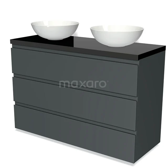 Donkergrijze badkamerkast met zwarte glazen top en twee witte waskommen, modern ontwerp en ideaal voor badkameropslag.