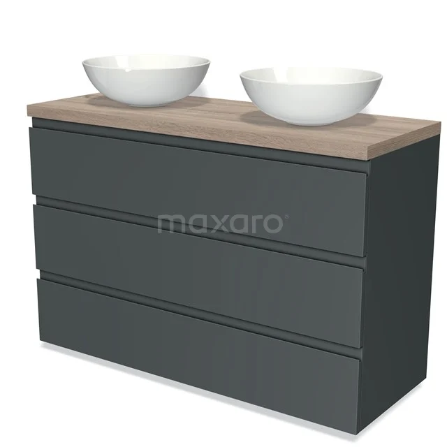 Antrazit Badezimmermöbel mit Holzplatte und doppelten weißen Aufsatzwaschbecken, modernes Design mit drei grifflosen Schubladen.
