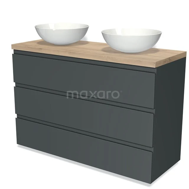 Donkergrijze badkamermeubelset met houtlook blad en twee ovale witte waskommen, modern design, ideaal voor dubbele wastafelopstelling.