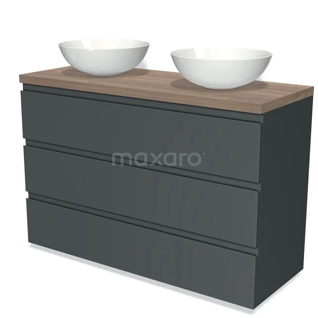 Donkergrijze badkamermeubelset met houtlook blad en dubbele witte waskommen, modern design met strakke lijnen.