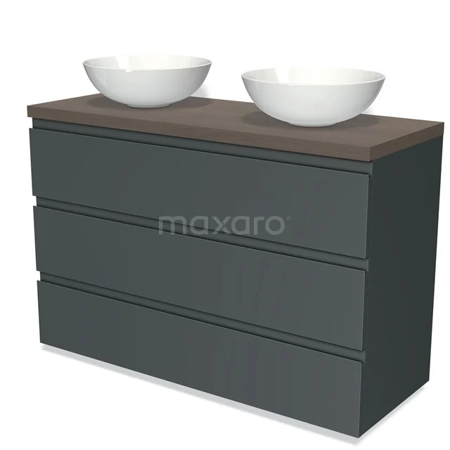 Dunkelgrau Badmöbel mit Holzplatte und zwei weißen Aufsatzwaschbecken, ideal für ein modernes Badezimmer.