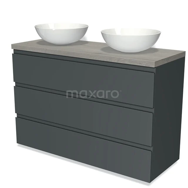 Badmöbel für Aufsatzwaschbecken 120cm Modulo Plato Dunkelgrau 3 Schubladen Grifflos Graue Eiche Platte BMK19-01104 Antrazit Badezimmermöbel mit Beton Platte, doppelten weißen Aufsatzwaschbecken, modernem Design und schlichten Schubladen.