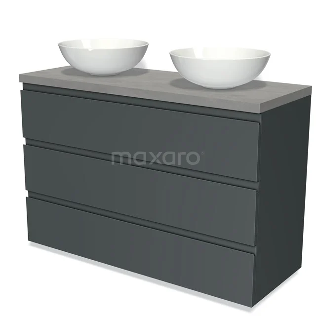 Dunkelgraue Badmöbel mit Beton Platte und zwei weißen Aufsatzwaschbecken, modernes Design und schlichte Schubladen.