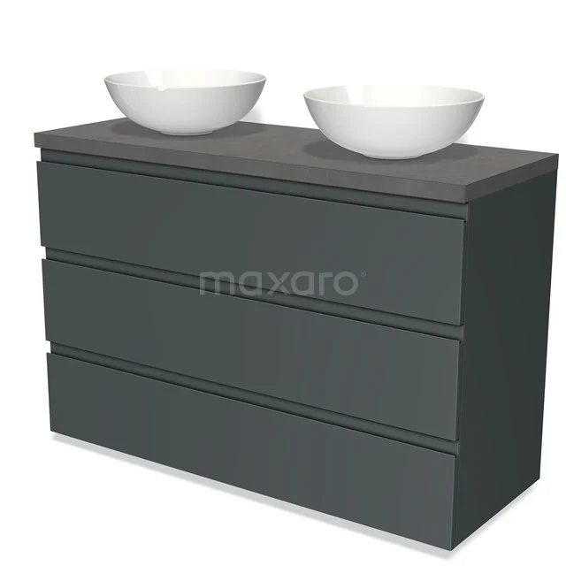 Dunkelgraue Badmöbelset mit doppelten Aufsatzwaschbecken, schlankem Design und praktischen Schubladen für organisierte Badezimmerlagerung.
