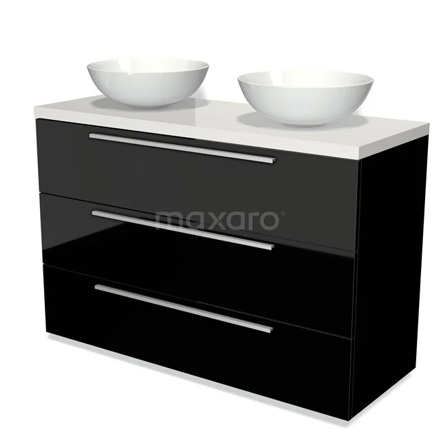 Black glossy bathroom unit set with two round white vanity units for countertop wash basins and three spacious drawers, ideal for modern bathrooms.