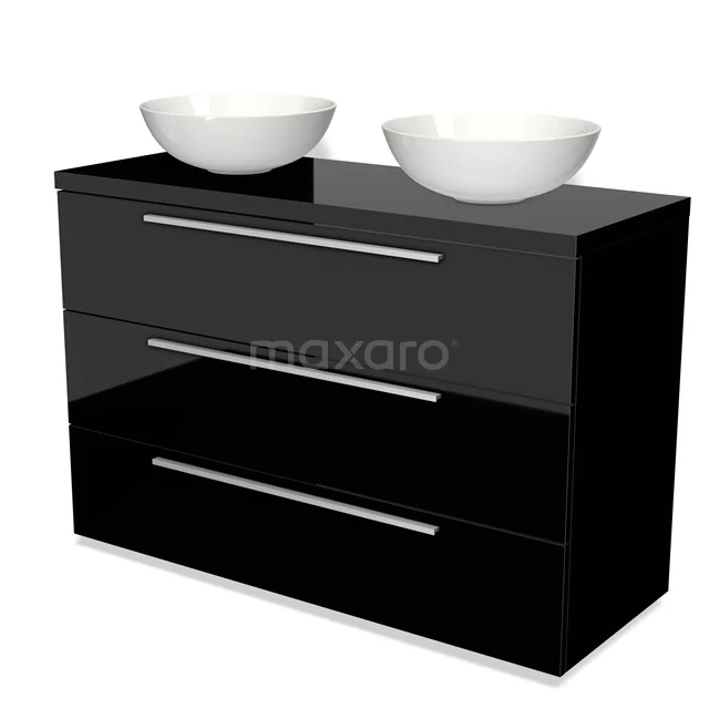Modulo Plato Vanity units for countertop basin | 120 cm High-gloss black Flat front High-gloss black worktop 3 drawers BMK19-01112 Black glossy bathroom unit with double vanity units for countertop wash basins, modern design, three drawers, perfect for stylish bathroom design.
