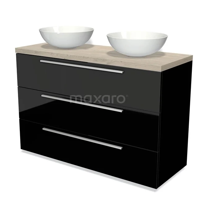 Black glossy bathroom unit with two round countertop wash basins, wooden worktop and three wide drawers for modern bathroom storage.