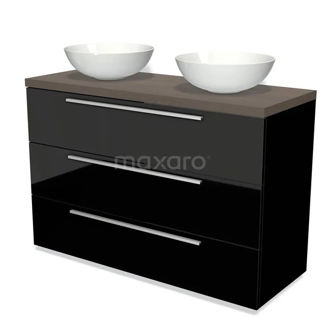 Black bathroom unit with wooden worktop and double basins, modern design and glossy finish for stylish bathrooms.