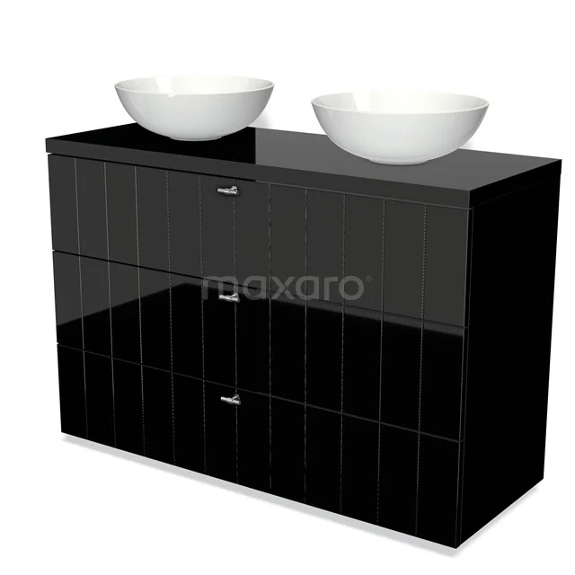 Modulo Plato Vanity units for countertop basin | 120 cm High-gloss black Slat front High-gloss black worktop 3 drawers BMK19-01126 Black bathroom furniture set with high-gloss finish, double white ceramic countertop wash basins and modern drawer arrangement.
