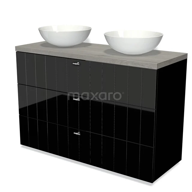 Black-glass bathroom unit with two white countertop wash basins, grey wooden top and modern storage drawers.
