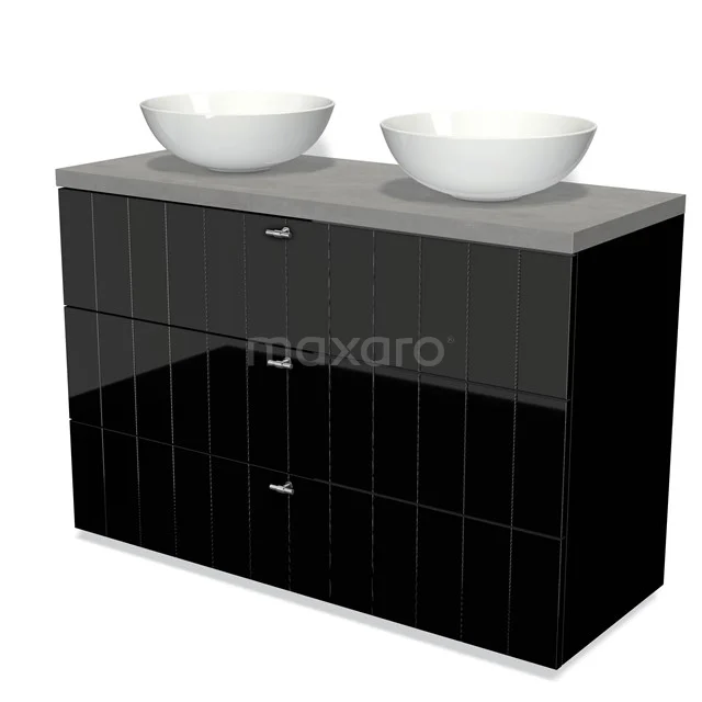Modulo Plato Badkamermeubel voor waskom | 120 cm Hoogglans zwart Lamel front Lichtgrijs beton blad 3 lades BMK19-01133