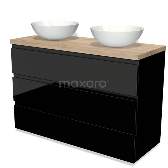 Black bathroom cabinet with wooden worktop, two round white countertop wash basins, modern design and glossy finish.