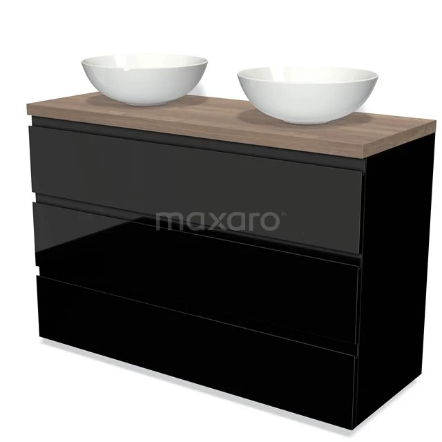 Schwarze Badmöbel mit Holzplatte und doppelten weißen Aufsatzwaschbecken, elegantes Design, ideal für moderne Bäder.
