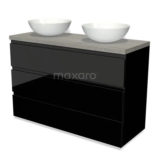 Black glossy bathroom unit with double countertop wash basin and grey wooden worktop, modern design and spacious storage drawers.