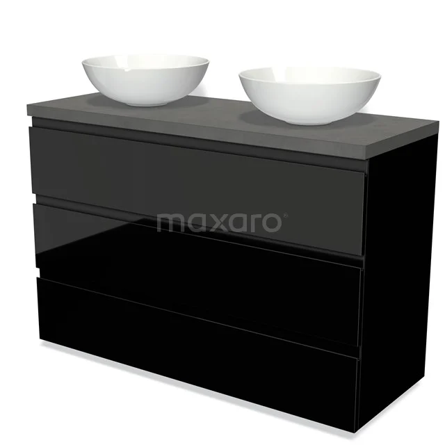Black glossy bathroom unit with vanity units with basin made of ceramic, clean modern design, with three spacious drawers.