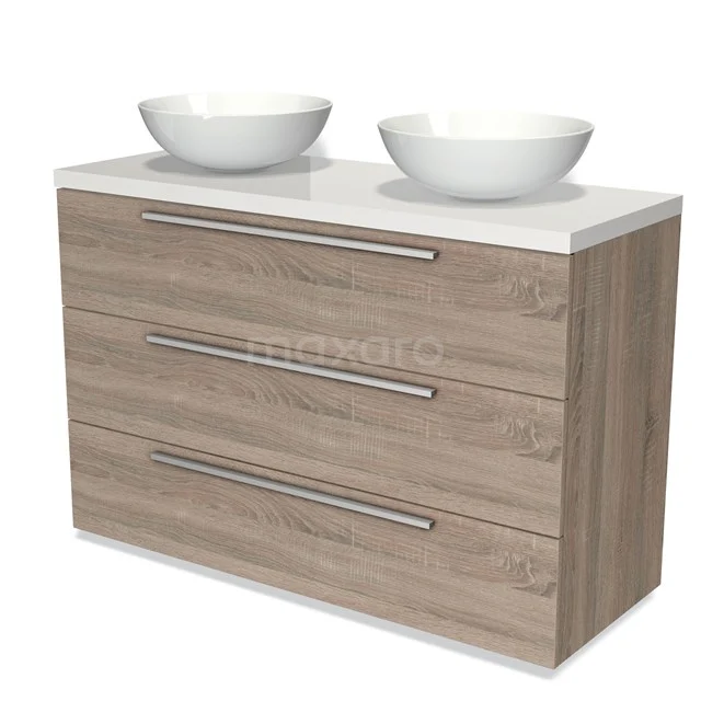 Bathroom unit with wood look, three drawers and double white countertop wash basins, modern design for a stylish bathroom.