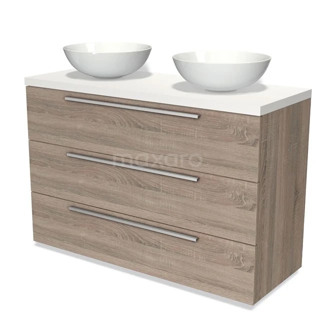 Houten badkamermeubel met twee witte waskommem, eigentijds design, voorzien van drie lades en stijlvolle metalen grepen.