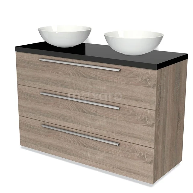 Badkamermeubel houtlook met zwarte top en dubbele wastafel; modern design met drie lades voor praktische opbergruimte.
