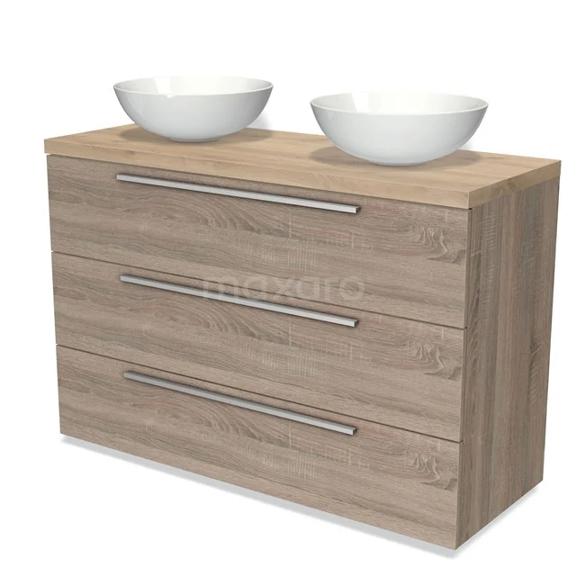 Houten badkamermeubel met modern design, drie lades en dubbele opzetwaskommen, ideaal voor een stijlvolle badkamer.