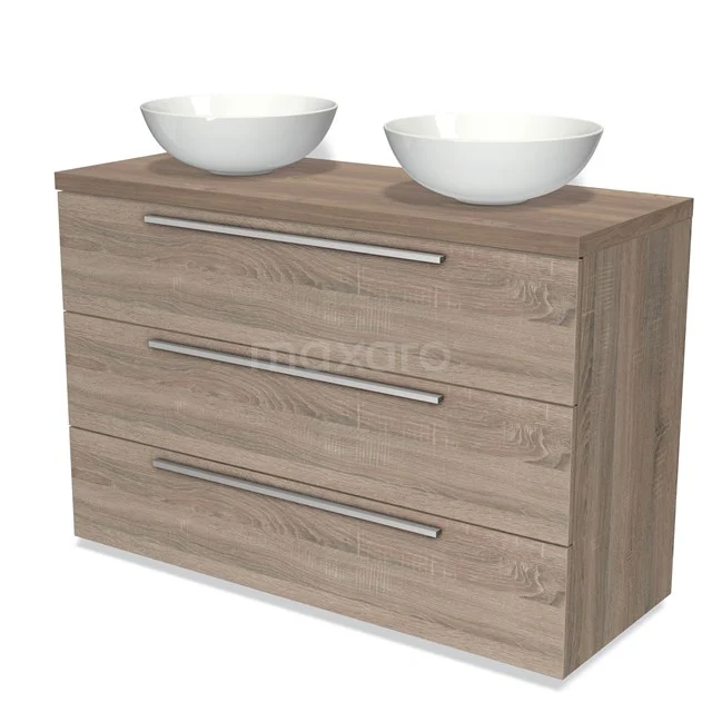 Houten badkamermeubel met dubbele waskommen, drie lades en modern design, ideaal voor een stijlvolle badkamerinrichting.