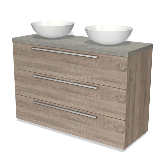 Houten badkamermeubel met twee witte waskommen, drie lades en metalen handgrepen. Modern en praktisch ontwerp.