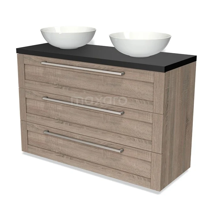 Wooden bathroom unit with two white countertop wash basins, black top and three drawers with black metal handles. Perfect for modern bathrooms.