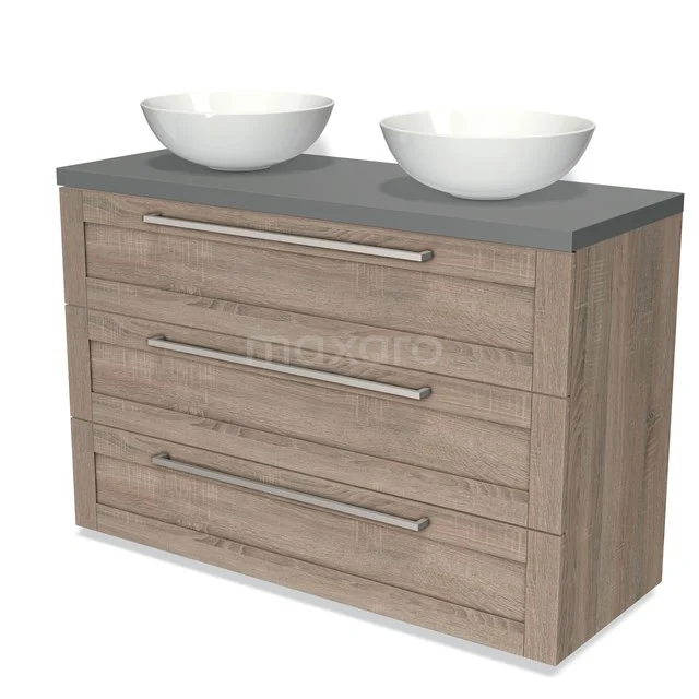Wooden bathroom unit with grey worktop, two white vanity units for countertop wash basins and three drawer handles, perfect for a modern bathroom style.