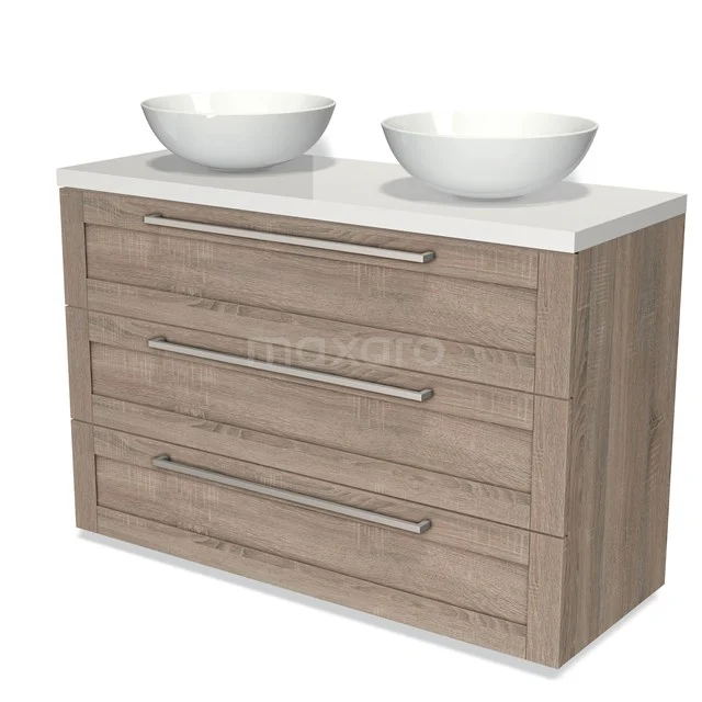 Modulo Plato Vanity units for countertop basin | 120 cm Oak Frame front High-gloss white worktop 3 drawers BMK19-01165 Wooden bathroom unit with light Oak look, double countertop wash basin made of white ceramic and three drawers with metal handles.