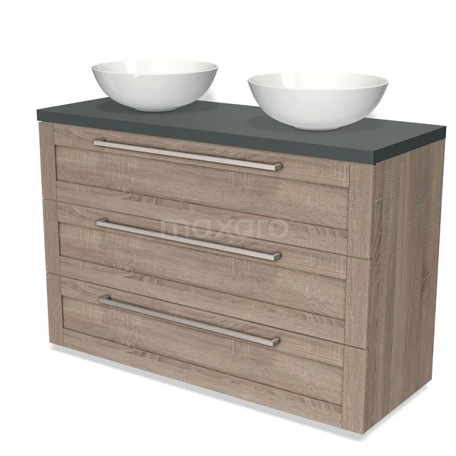 Modulo Plato Vanity units for countertop basin | 120 cm Oak Frame front Dark grey worktop 3 drawers BMK19-01167 Wooden bathroom unit with grey worktop, double white countertop wash basins and modern handles, ideal for stylish bathroom space.