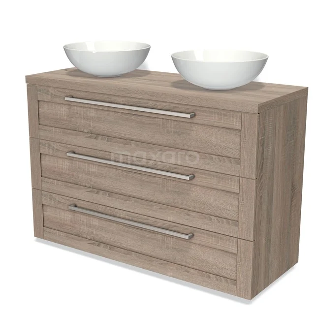 Wooden bathroom unit with three drawers, double basin and modern handles, ideal for stylish bathroom design.