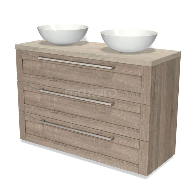 Modulo Plato Badmöbel mit Aufsatzwaschbecken | 120 cm Eiche Rahmen front Hellgraue Eiche blatt 3 Schubladen BMK19-01170 Holz Badezimmermöbel mit Doppelwaschbecken, Softclose Schubladen und modernem Design, ideal für eine stilvolle Badezimmergestaltung.