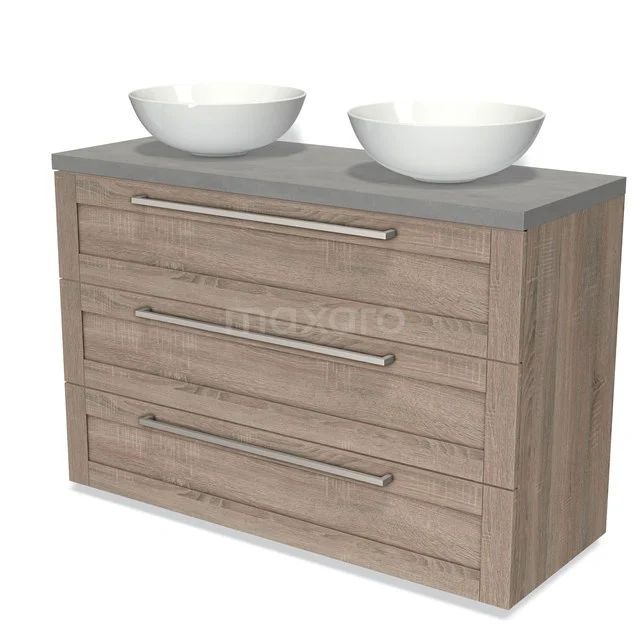 Wooden bathroom unit with grey worktop, two white vanity units for countertop wash basin and three drawers, ideal for modern bathroom storage.