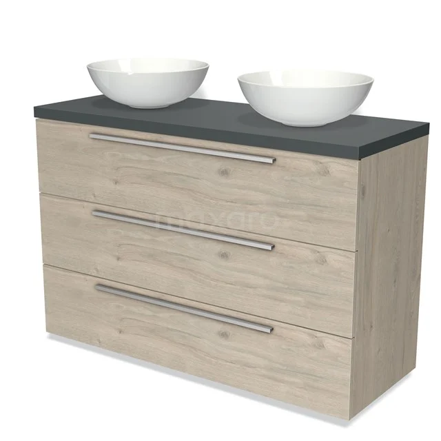 Modulo Plato Badmöbel mit Aufsatzwaschbecken | 120 cm Hellgraue Eiche Flach front Dunkelgrau blatt 3 Schubladen BMK19-01181 Holz-Badmöbel mit drei Schubladen, schwarzer Steinplatte und Doppelwaschbecken; modernes und stilvolles Design für Bäder.