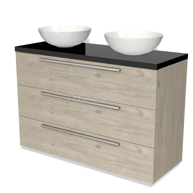 Houten badkamermeubel met zwart blad, drie lades en twee witte waskommen, modern design voor stijlvolle badkamers.