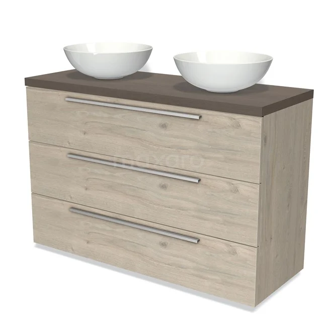 Holz-Badmöbel mit drei Schubladen, dunkler Platte und doppelten weißen Waschbecken; stilvoll und praktisch für moderne Bäder.