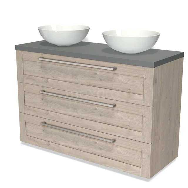 Wooden bathroom unit with grey top and double white countertop wash basins, including three drawers with metal handles.
