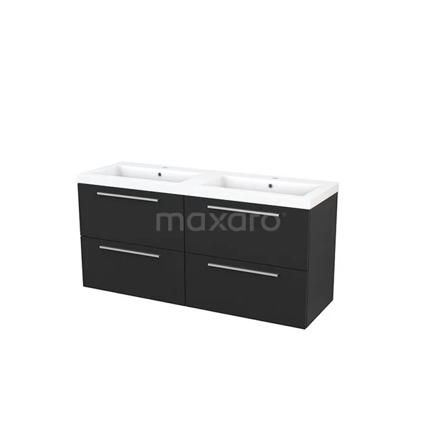Modulo+ Vanity units with basin | 140 cm Carbon front Mineral marble 4 drawers BMP004177 Black double vanity unit with sleek design, white ceramic sink and four drawers, ideal for modern bathrooms.