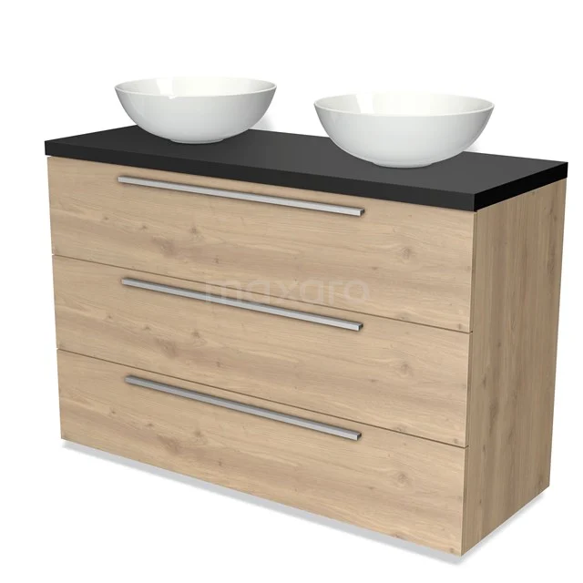 Wooden bathroom unit with two white countertop wash basins, black worktop and three drawers; modern design for stylish bathroom storage.