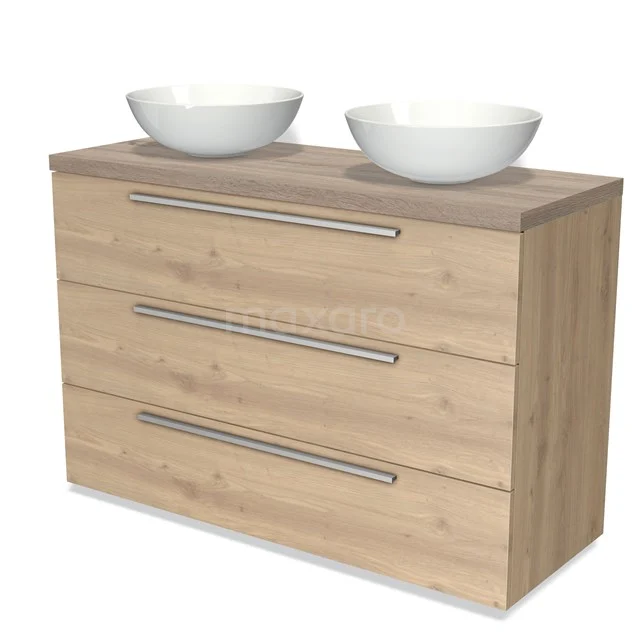 Holz Badezimmermöbel mit heller Eiche Oberflächenbehandlung, drei Schubladen und doppelten weißen Aufsatzwaschbecken, perfekt für ein modernes Badezimmer.